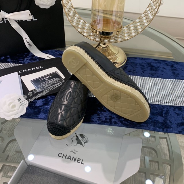 chanel2022最新頂級綿羊皮單鞋 香奈兒黑皮電繡拼色漁夫鞋 dx3521